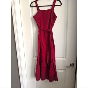 Red spaghetti strap square neck embroidered dress